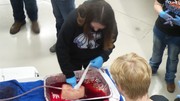 Stop the Bleed Training - Students using gauze with fake blood being pushed through to simulate the process.